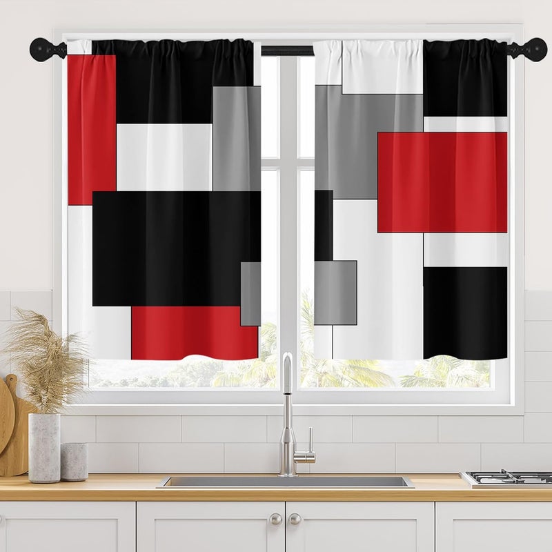 Tayney Red Kitchen Curtains 36 Inch Length Black Grey White Window Short Tier Curtains Over Sink Set of 2, Modern Abstract Geometric Art Small Kitchen Decor 26x36 Inch - Image 1